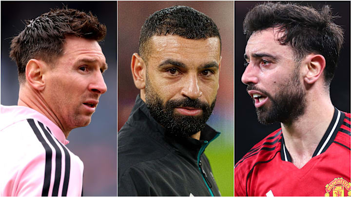 Lionel Messi (left), Mohamed Salah (center) and Bruno Fernandes headline the rumors.