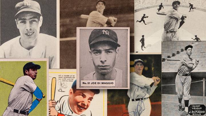A collection of DiMaggio cards from his playing years. DiMaggio was featured in a number of cards and famous sets throughout his career including some from his minor league career in the Pacific Coast League A collection of DiMaggio cards from his playing years. DiMaggio was featured in a number of cards and famous sets throughout his career including some from his minor league career in the Pacific Coast League