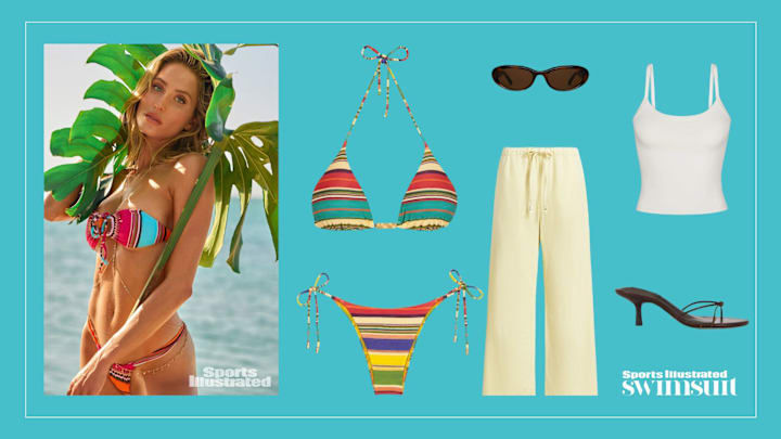 Striped swimsuit and accessories, inspired by Alix Earle