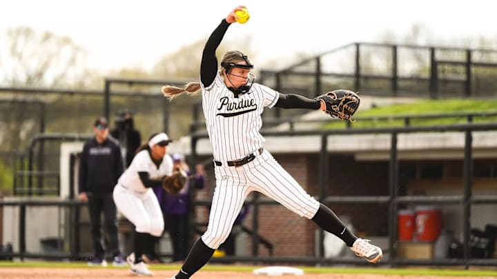 Purdue right-handed pitcher Julia Gossett strikes out a career-high, 12, against Minnesota on April 4, 2025.