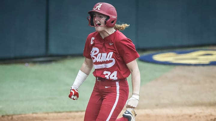 Alabama softball's Marlie Giles celebrates hitting a home run against South Carolina on May 1, 2025.