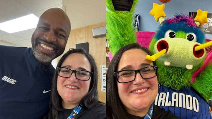 'Mrs. Magic' poses for selfies with Orlando Magic coach Jamahl Mosley and the team's mascot, Stuff.