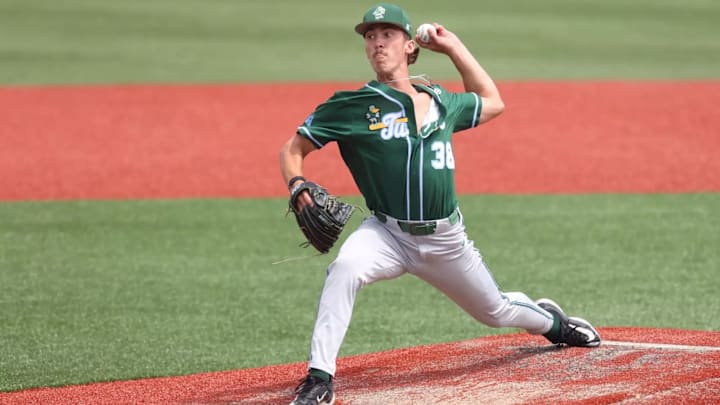 Tulane pitcher Luc Fladda on the mound for an eight-inning outing against Nicholls at the 2024 Corvallis Regional.