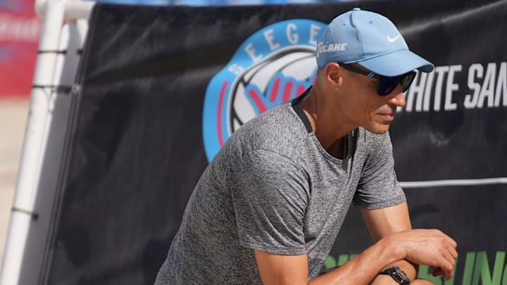 Tulane Beach Volleyball coach Eyal Zimet watches his team compete Tulane Beach Volleyball coach Eyal Zimet watches his team compete
