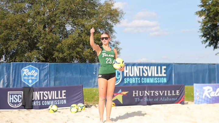 Tulane beach volleyballer Skylar Ensign prepares to serve in Huntsville Tournament