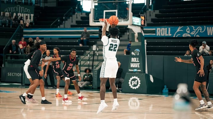 Tulane Guard Asher Woods Pops a Two vs. Nicholls Tulane Guard Asher Woods Pops a Two vs. Nicholls