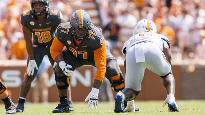 Larry Johnson during the Chattanooga game as he is down in his stance. Larry Johnson during the Chattanooga game as he is down in his stance.