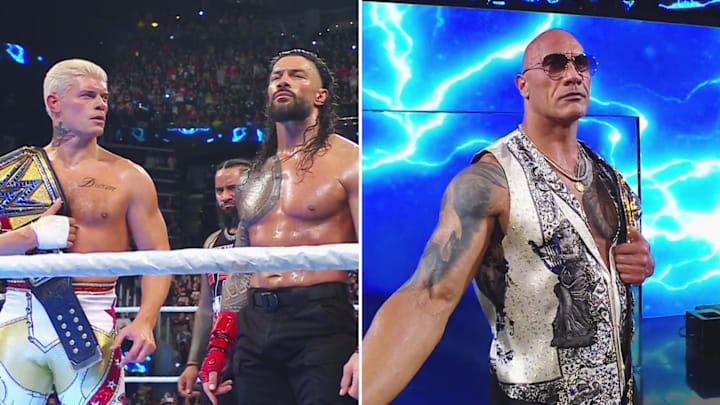 WWE Undisputed Champion Cody Rhodes (far left) and Roman Reigns (first left) were in the ring when The Rock (right) returned at WWE Bad Blood.