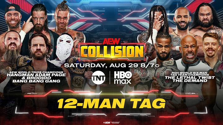 Before defending the AEW World Trios Championships at AEW All In London, "Hangman" Adam Page and Brodido will team up with the Bang Bang Bang to take on The Lethal Twist and The Demand in 12-man tag team action. Before defending the AEW World Trios Championships at AEW All In London, "Hangman" Adam Page and Brodido will team up with the Bang Bang Bang to take on The Lethal Twist and The Demand in 12-man tag team action.