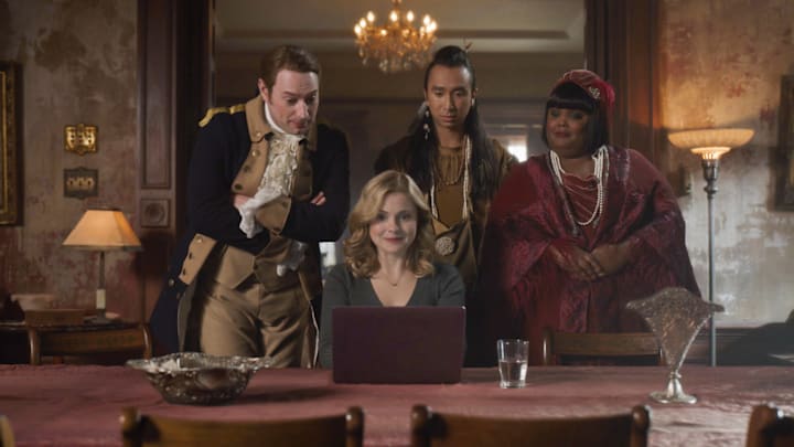 “Isaac’s Book” – Sam struggles to keep Isaac’s spirits up after she hits a wall trying to publish a biography about him. Also, Trevor and Hetty conspire to keep their relationship hidden and Thor tries to prove to Flower that he can control his anger, on the CBS Original series GHOSTS, Thursday, March 2 (8:31-9:01 PM, ET/PT) on CBS Television Network, and available to stream live and on demand on Paramount+. Pictured (L-R): Brandon Scott Jones as Isaac, Rose McIver as Samantha, Roman Zaragoza as