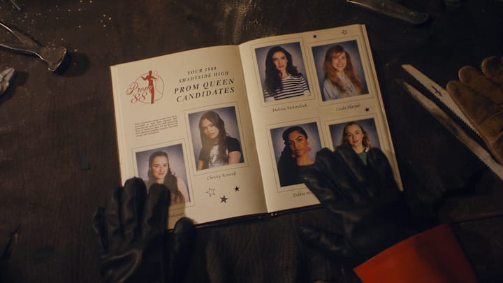 (Featured) Fina Strazza as Tiffany Falconer, Ariana Greenblatt as Christy Renault, Ella Rubin as Melissa McKendrick, Ilan O’Driscoll as Linda Harper, Rebecca Ablack as Debbie Winters and India Fowler as Lori Granger in Fear Street: Prom Queen
