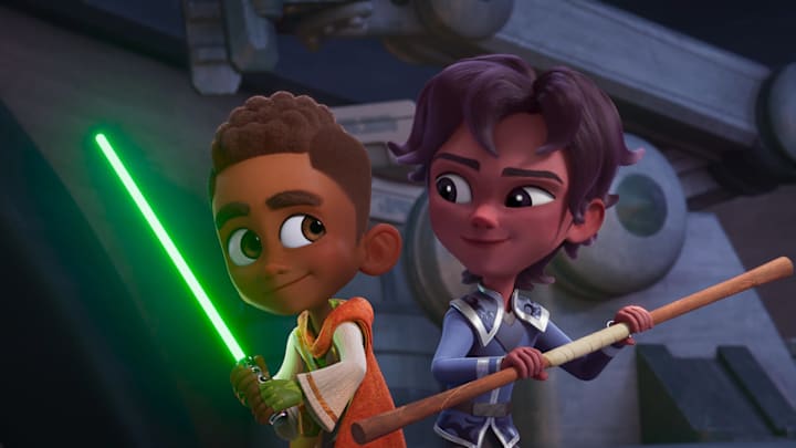 (L-R) Kai Brightstar (JeCobi Swain) and Prince Cyrus Vuundir (Trey Murphy) in Star Wars: Young Jedi Adventures "Unmasked." Image Credit: StarWars.com