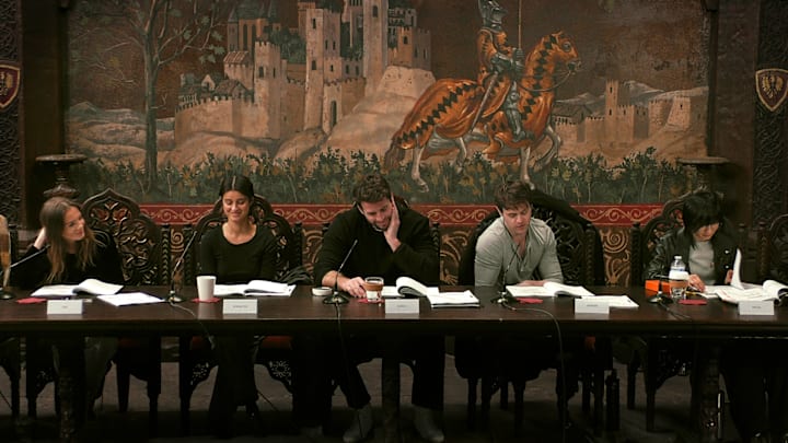 (L-R) Freya Allan, Anya Chalotra, Liam Hemsworth, Joey Batey, and Meng'er Zhang at The Witcher season 4 table read, shared by Netflix