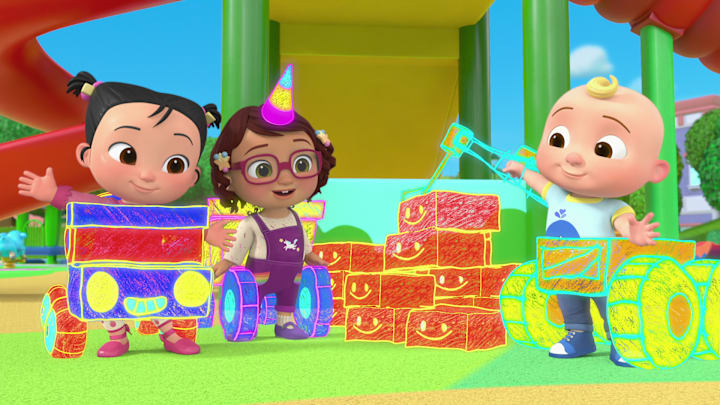 CoComelon Lane: Season 2. (L-R) Diana Tsoy as Cece, Kaiyus Tiwana Grewal as Bella, and Cruze McKinnon as JJ in CoComelon Lane: Season 2. Cr. NETFLIX © 2024