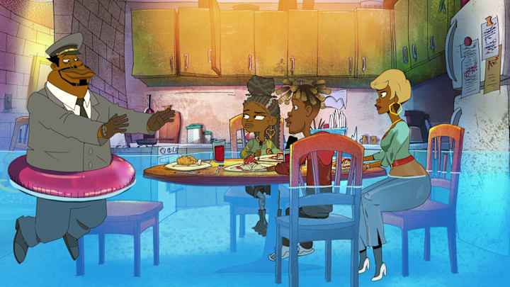 Good Times (L to R) JB Smoove as Reggie, Marsai Martin as Grey, Jay Pharoah as Junior and Yvette Nicole Brown as Beverly in Good Times. Cr. COURTESY OF NETFLIX © 2024