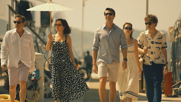 Jason Isaacs, Parker Posey, Patrick Schwarzenegger, Sarah Catherine Hook, and Sam Nivola in The White Lotus season 3 on HBO