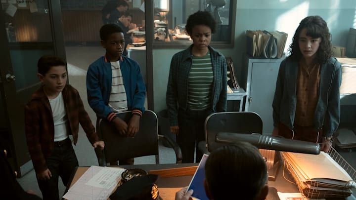 Arian S. Cartaya, Blake Cameron James, Amanda Christine, and Clara Stack in IT: Welcome to Derry. Photograph by Brooke Palmer/HBO.