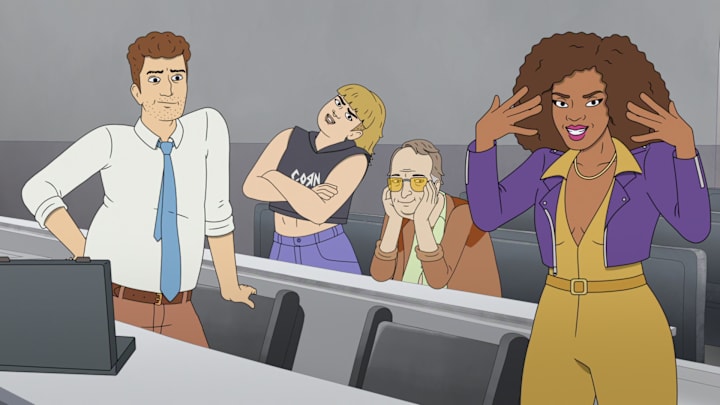 Strip Law S1. Adam Scott as Lincoln Gumb, ESQ., Shannon Gisela as Irene Gumb, Stephen Root as Glem Blorchman and Janelle James as Sheila Flambe in Strip Law S1. Cr. Courtesy of Netflix © 2026 Strip Law S1. Adam Scott as Lincoln Gumb, ESQ., Shannon Gisela as Irene Gumb, Stephen Root as Glem Blorchman and Janelle James as Sheila Flambe in Strip Law S1. Cr. Courtesy of Netflix © 2026