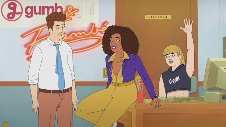 Strip Law S1. Adam Scott as Lincoln Gumb, ESQ., Janelle James as Sheila Flambe and Shannon Gisela as Irene Gumb in Strip Law S1. Cr. Courtesy of Netflix © 2026 Strip Law S1. Adam Scott as Lincoln Gumb, ESQ., Janelle James as Sheila Flambe and Shannon Gisela as Irene Gumb in Strip Law S1. Cr. Courtesy of Netflix © 2026