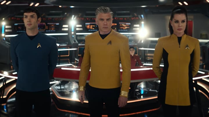 L-R Ethan Peck as Spock, Anson Mount as Pike and Rebecca Romijn as Una in Star Trek: Strange New Worlds streaming on Paramount+, 2023. Photo Credit: Best Possible Screengrab/Paramount+