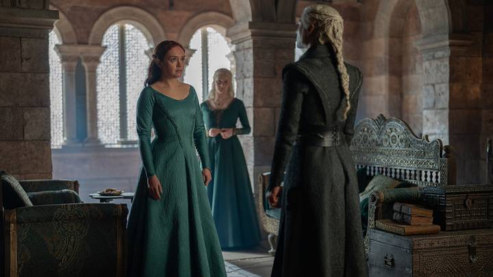Olivia Cooke (Alicent Hightower), Phia Saban (Helaena Targaryen), and Emma D'Arcy (Rhaenyra Targaryen) in House of the Dragon season 3. Photograph by Ollie Upton/HBO. Olivia Cooke (Alicent Hightower), Phia Saban (Helaena Targaryen), and Emma D'Arcy (Rhaenyra Targaryen) in House of the Dragon season 3. Photograph by Ollie Upton/HBO.