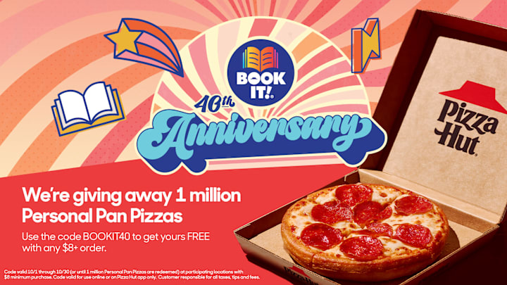 Pizza Hut Is Giving Away 1 MILLION FREE PIZZAS to Readers of ALL AGES in Honor of 40th Anniversary of BOOK IT! Program. Image Credit to Pizza Hut. 