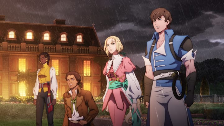 Castlevania: Nocturne S1 (L to R) Thuso Mbedu as Annette, Sydney James Harcourt as Edouard, Pixie Davies as Maria Renard, Edward Bluemel as Richter Belmont in Castlevania: Nocturne S1. Cr. Courtesy of Netflix © 2023