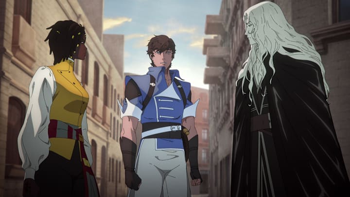 Castlevania: Nocturne S2 (L to R) Thuso Mbedu as Annette, Edward Bluemel as Richter Belmont, James Callis as Alucard in Castlevania: Nocturne S2.