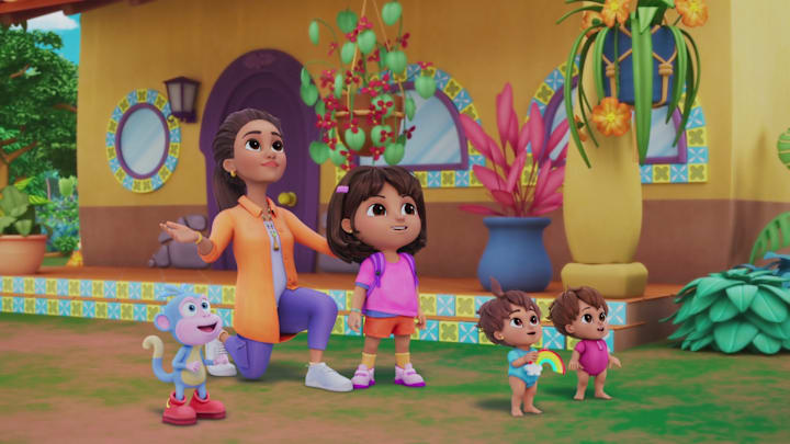 L to R Asher Colton Spence as the voice of Boots, Kathleen Herles as the voice of Mami, Diana Zermeno as the voice of Dora and Isabella and Donovan Monzon-Sanders as the voice of Guillermo in Dora, Streaming on Paramount+. Photo Credit: Paramount+ © 2024 Viacom International Inc. All Rights Reserved. Nickelodeon, Dora and all related titles, logos and characters are trademarks of Viacom International Inc.