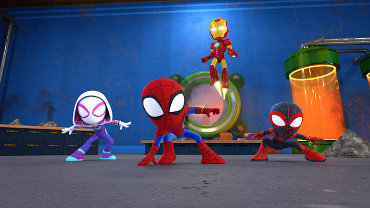 MARVEL’S SPIDEY AND HIS AMAZING FRIENDS - “The Friendly Neighborhood” (Disney)
GWEN STACY, PETER PARKER, IRON MAN, MILES MORALES. Image Credit to Disney. 