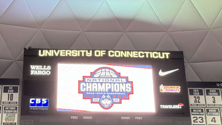 A message on the video board at Gampel Pavilion acknowledging the UConn men's basketball team's national championship win.