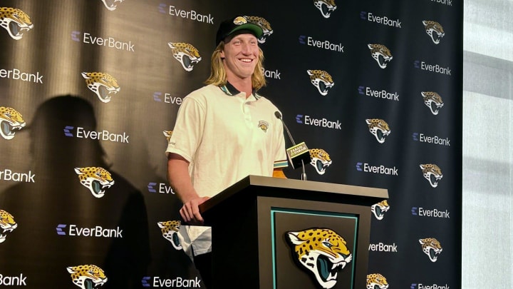 Jacksonville Jaguars quarterback Trevor Lawrence discusses the signing of his new contract with the team during a news conference on June 20, 2024, at the team's Miller Electric Center. Jacksonville Jaguars quarterback Trevor Lawrence discusses the signing of his new contract with the team during a news conference on June 20, 2024, at the team's Miller Electric Center.