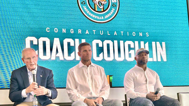 Former Jacksonville Jaguars coach Tom Coughlin (left) makes a point during a news conference on Sept. 27 at the EverBank Stadium Gallagher West Club. Coughlin will enter the Pride of the Jaguars during halftime of the team's game on Oct. 6 against Indianapolis. With Coughlin are Pride members Tony Boselli (center) and Fred Taylor (right).