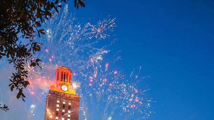 Fireworks erupt from in front of the UT Tower during the SEC Celebration at the University of Texas at Austin on Sunday, June 30, 2024. Fireworks erupt from in front of the UT Tower during the SEC Celebration at the University of Texas at Austin on Sunday, June 30, 2024.