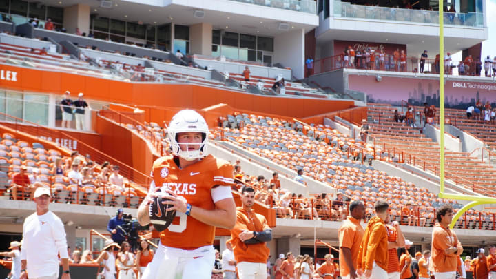 Aug 31, 2024; Austin, Texas, USA; Texas Longhorns quarterback Quinn Ewers (3) warms up before a game against Colorado State at Darrell K Royal-Texas Memorial Stadium. Mandatory Credit: Aaron Meullion-USA TODAY Sports Aug 31, 2024; Austin, Texas, USA; Texas Longhorns quarterback Quinn Ewers (3) warms up before a game against Colorado State at Darrell K Royal-Texas Memorial Stadium. Mandatory Credit: Aaron Meullion-USA TODAY Sports