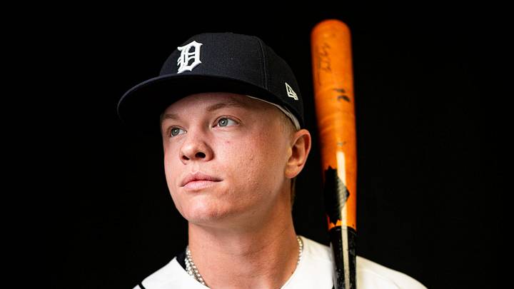 Detroit Tigers outfielder Max Clark on picture day during spring training at TigerTown in Lakeland, Fla. on Tuesday, Feb. 17, 2026.