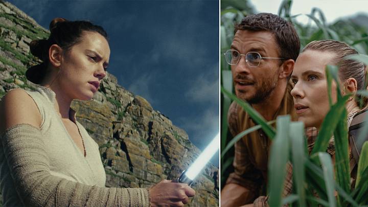 Daisy Ridley (Rey) in Star Wars: The Last Jedi / Jonathan Bailey (Dr. Henry Loomis) and Scarlett Johansson (Zora Bennett) in Jurassic World Rebirth.