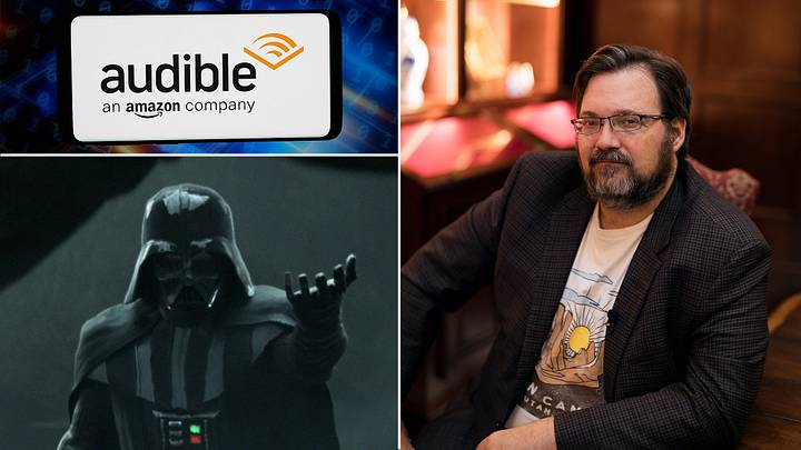 Brandon Sanderson / Darth Vader in Lucasfilm's STAR WARS: MAUL - SHADOW LORD, exclusively on Disney+ / GERMANY - 2026/07/24: In this photo illustration, the audiobook and podcast platform Audible Inc. logo is seen displayed on a smartphone in front of abstract background on computer screen.