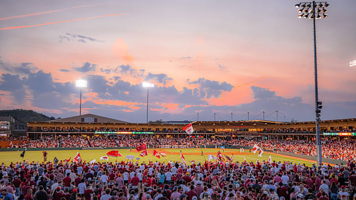 Flags fly in the Hog Pen at Baum-Walker Stadium, home of the Arkansas Razorbacks.