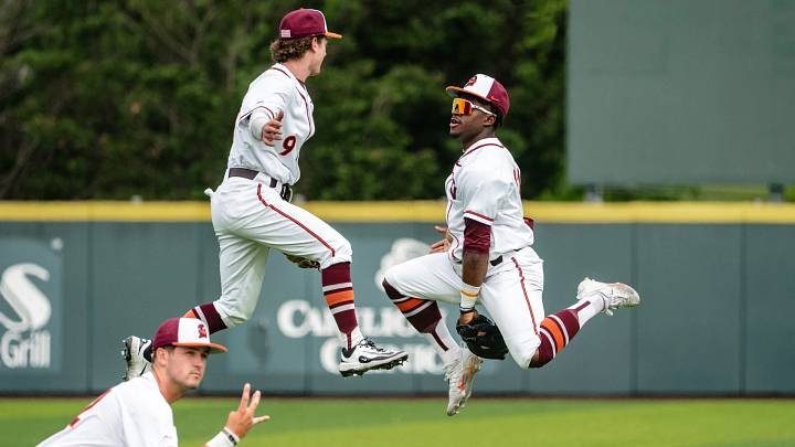 BLACKSBURG, Va. — Clay Grady and Jared Davis celebrate a win against Mercer in 2026. BLACKSBURG, Va. — Clay Grady and Jared Davis celebrate a win against Mercer in 2026.
