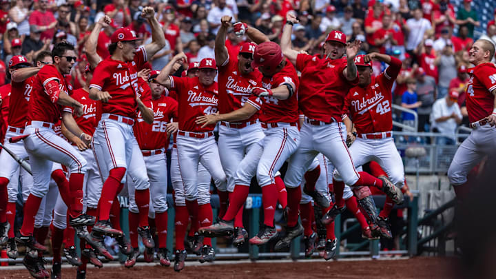 Nebraska baseball players celebrate a home run during the 2024 Big Ten Conference Tournament in Omaha. Nebraska baseball players celebrate a home run during the 2024 Big Ten Conference Tournament in Omaha.