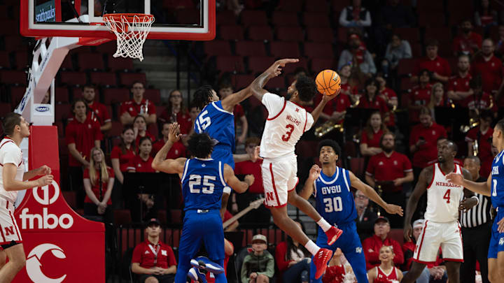 Nebraska basketball guard Brice Williams (3) shoots against Grand Valley State.