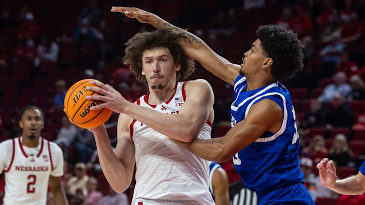 Nebraska basketball center Braxton Meah (left) looks to attack against Grand Valley State.