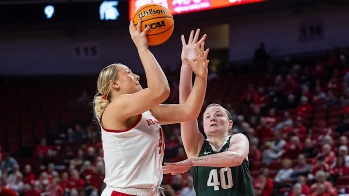 Nebraska center/forward Alexis Markowski shoots against Michigan State at Pinnacle Bank Arena on Jan. 8, 2025. Nebraska center/forward Alexis Markowski shoots against Michigan State at Pinnacle Bank Arena on Jan. 8, 2025.