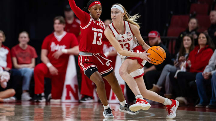 Nebraska guard Britt Prince handles the ball against Wisconsin at Pinnacle Bank Arena on Jan. 20, 2025.