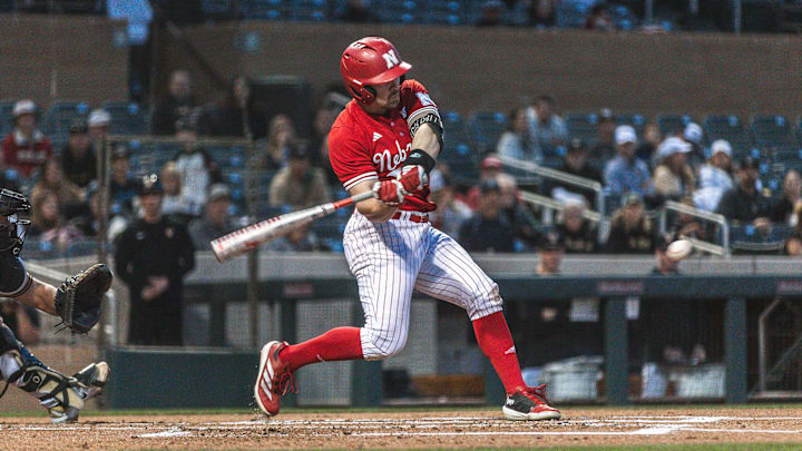 Nebraska outfield Gabe Swansen swings at a pitch against Vanderbilt in the MLB Desert Invitational on Feb. 15, 2025. Nebraska outfield Gabe Swansen swings at a pitch against Vanderbilt in the MLB Desert Invitational on Feb. 15, 2025.