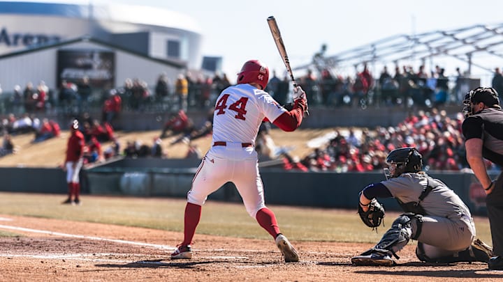 Nebraska outfielder Gabe Swansen prepares to swing at a pitch against Washington at Hawks Field at Haymarket Park on March 8, 2025. Nebraska outfielder Gabe Swansen prepares to swing at a pitch against Washington at Hawks Field at Haymarket Park on March 8, 2025.