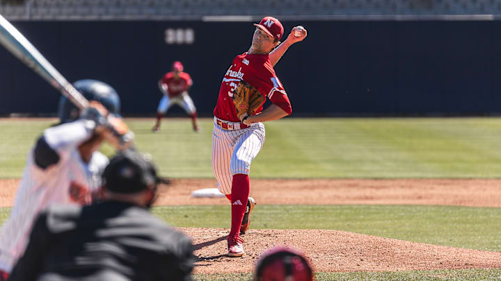 Nebraska pitcher Carson Jasa delivers against Pepperdine at Eddy D. Field Stadium in Malibu, Calif., on March 18, 2025.