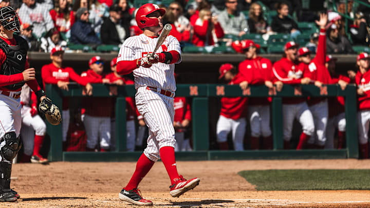 Nebraska designated hitter Tyler Stone launches a two-run homer against Rutgers at Haymarket Park on April 5, 2025. Nebraska designated hitter Tyler Stone launches a two-run homer against Rutgers at Haymarket Park on April 5, 2025.
