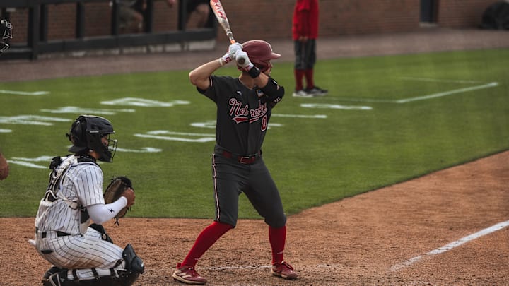 Nebraska second baseman Cayden Brumbaugh awaits the pitch at Purdue.